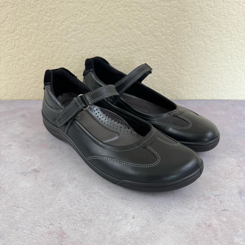 ECCO Womens 39 8-8.5 Black Mary Jane Comfort Walking Shoes Hook Loop Strap